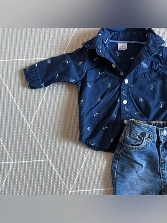 Osh Kosh|Baby boy nautical set,Navy sailboat Button-Up Shirt & Blue Denim Pants• - Picture 4 of 8